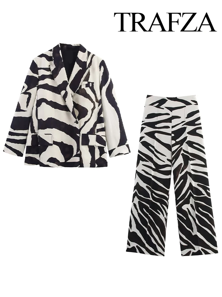 TRAFZA Women Fashion Zebra Stripes Pocket Button Decorate Turn-Down Collar Blazer Jacket+Casual Zipper Slim Pants Blazer Suit
