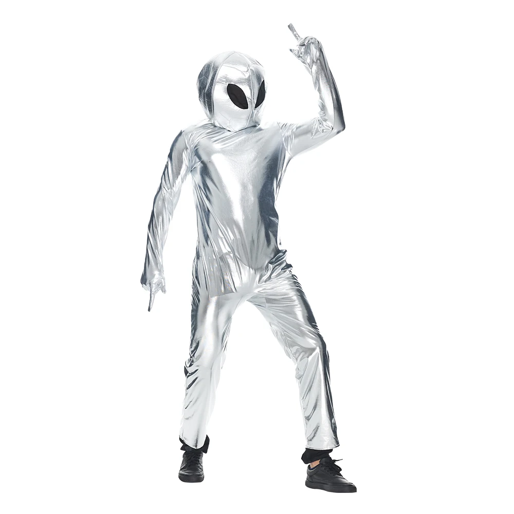 Adult Alien Costume Unisex Halloween Extraterrestrial Space Metallic Bodysuit with Hat Carnival Easter Purim Fancy Dress