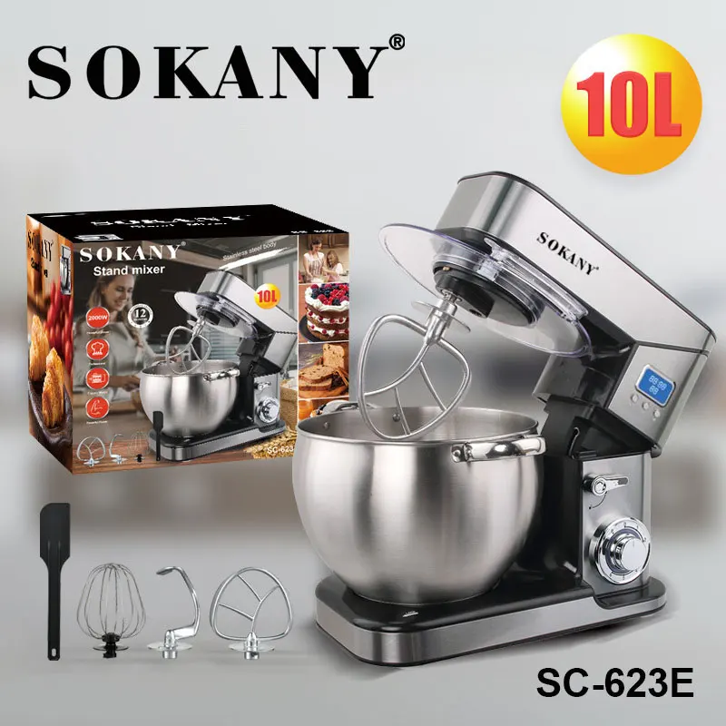 Sokany 2000W 10L Robot da cucina Miscelatore planetario Ciotola in acciaio inossidabile Crema a 6 velocità Frusta per uova Frusta Impastatrice Frullatore con timer