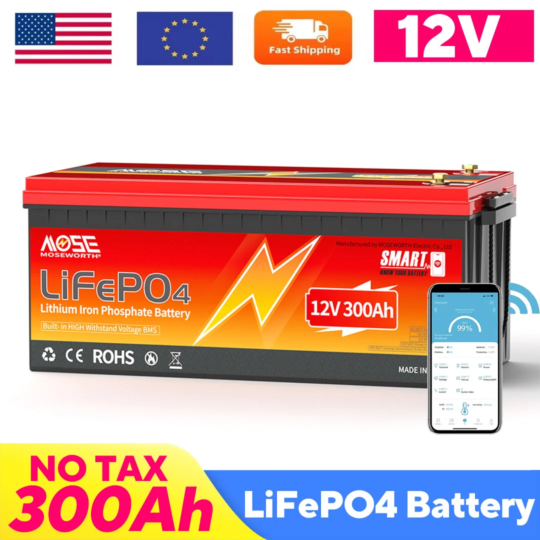 

12 В 300 Ач литиевая батарея LiFePO4 с Bluetooth 200A BMS перезаряжаемые батареи глубокого цикла для кемперов на колесах, лодок, солнечной батареи