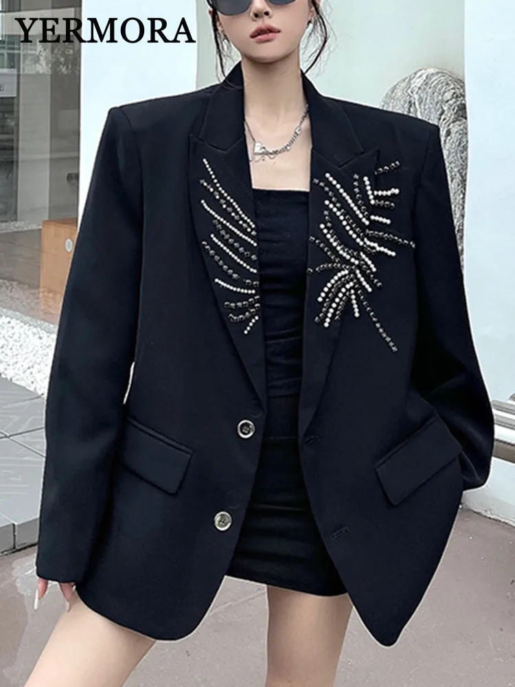 

YERMORA черный повседневный пиджак со стразами и бисером для женщин, свободная новая куртка с лацканами и длинными рукавами, модная весна-осень 2025