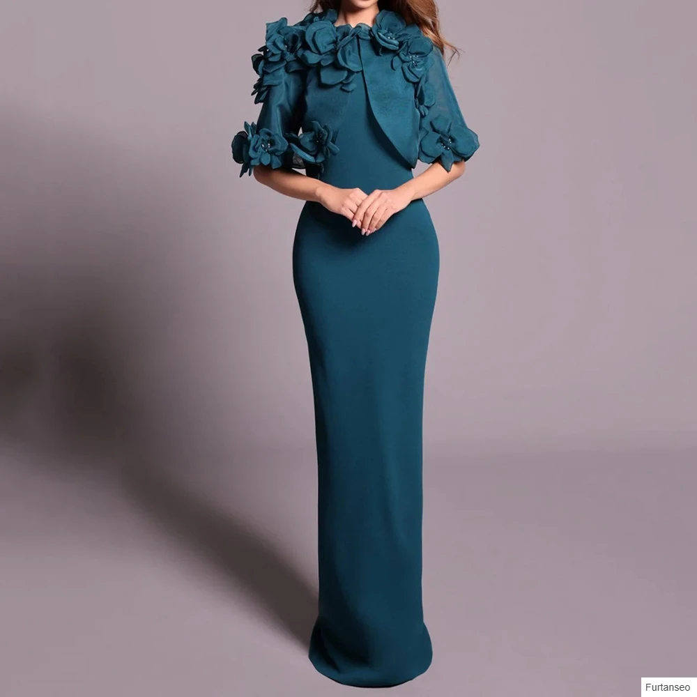 

Straight Women's Evening Dresses Floor-length O-neck Half Sleeve Prom Gown Simple Fashion Flowers Casual Customized Gowns