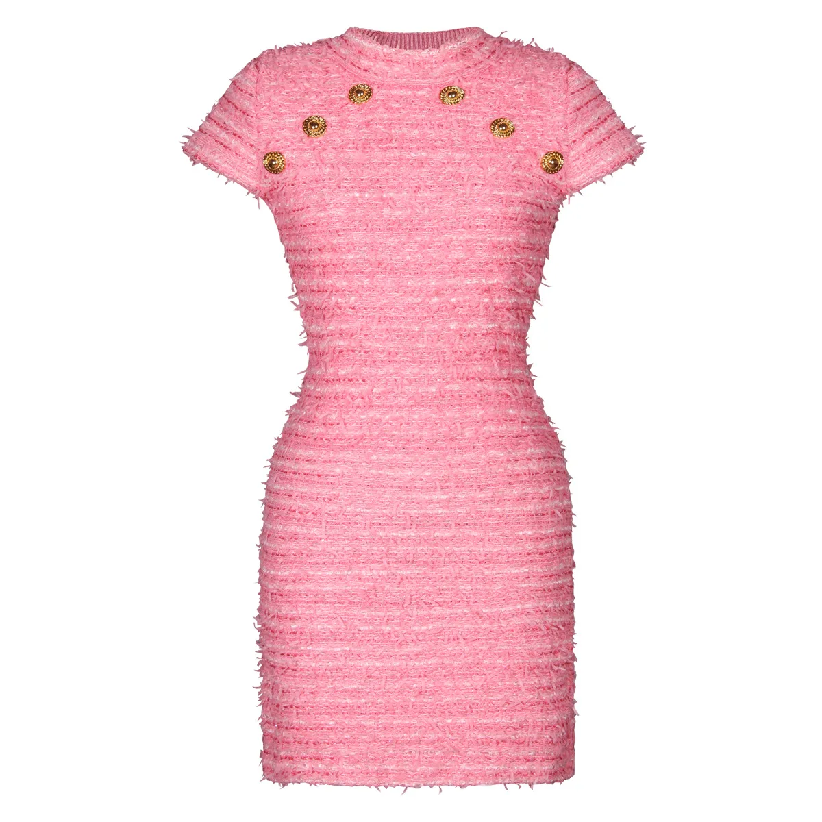 

2025 Spring Summer Short Sleve Knitting Sweater Dress Women Elegant O Neck Buttons Pink Party Dresses Female Vestidos