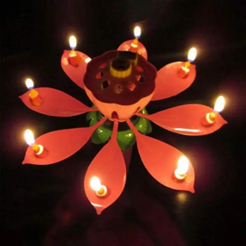 Rotating Candle Lotus Reusable Hanppy Birthday Cake Candles Topper Singing Candle-Powered Music Lotus Flower Candle