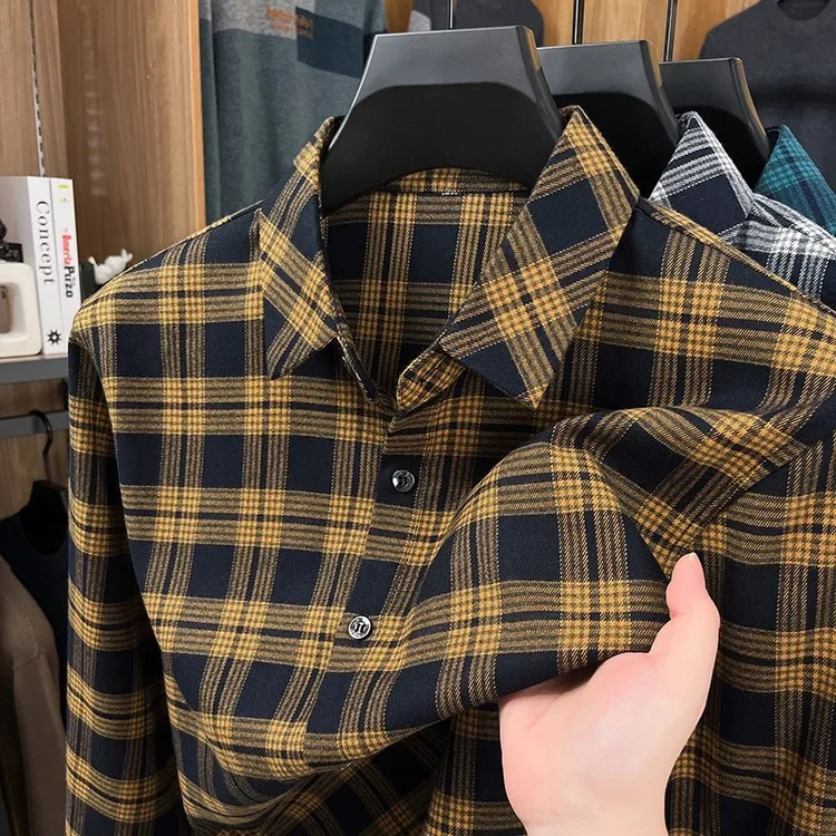 

Мужская клетчатая одежда Long Sve irt в Корейском стиле, повседневная винтажная фланелевая одежда, ветрозащитная, обычная, тонкая, из полиэстера, вискозы, спандекса