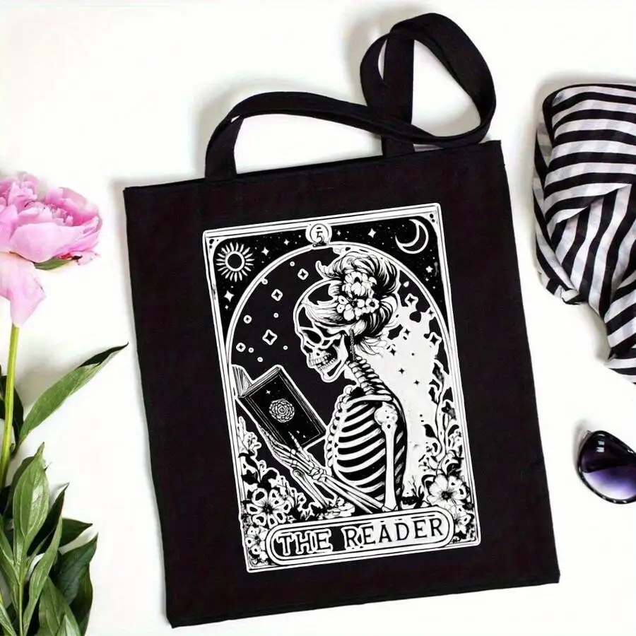 

Gothic Skull Reader Tarot Card Print Tote Bag Floral Moon Design Unisex Canvas Shopping Bookstore Accessory