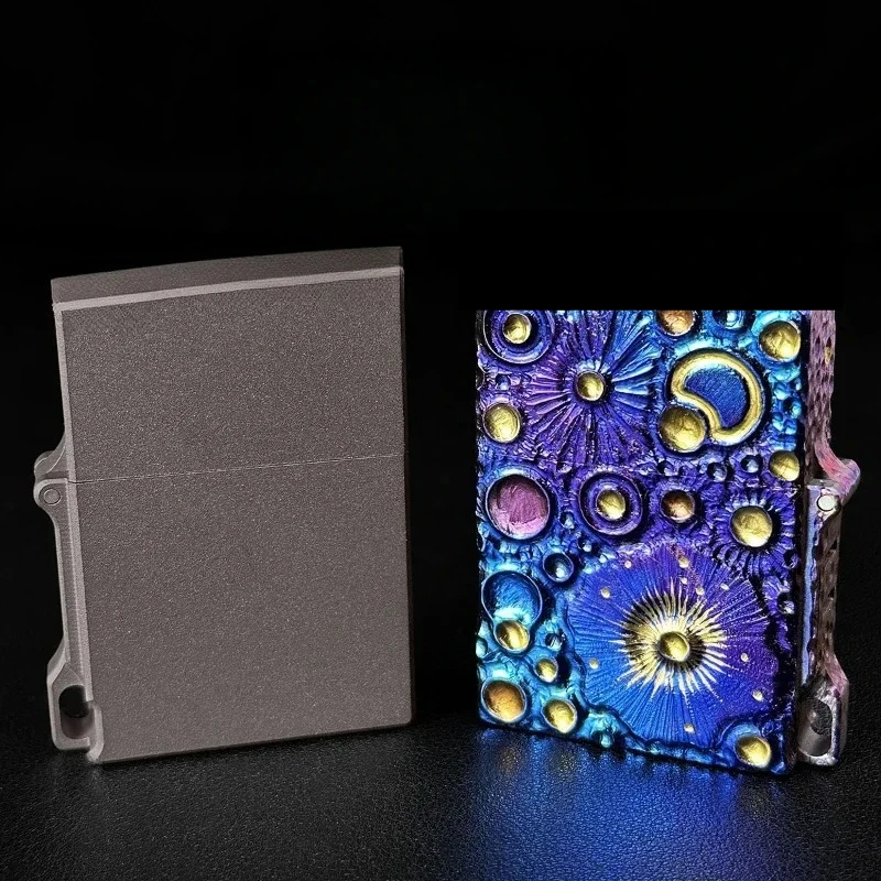 

EDC Titanium Oil Lighter with Large Hinge, Thick Case, Windproof, Aurora Dazzling, Hand Carved Lighter, Men's Collectible Gift
