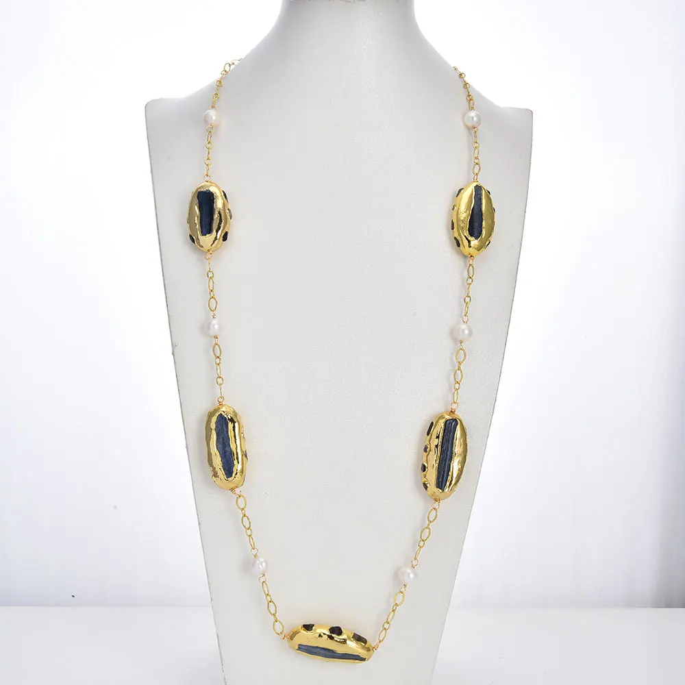 

GG Freshwater White Round Pearl Colorful Tourmaline Blue Kyanite Rough Long Station Sweater chain Necklace