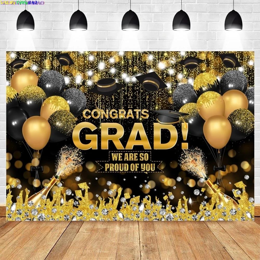 

Class of Graduation Backdrop Black Gold Glitter Balloons Congrats Grad Prom Party Photography Background Decor Photo Props