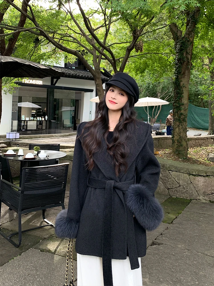 

Linyaner Charcoal Bla 00 Wool Sve Camere Coat Women Winter Hooded Double-sided Woolen Coat Loose Fit Long Sve