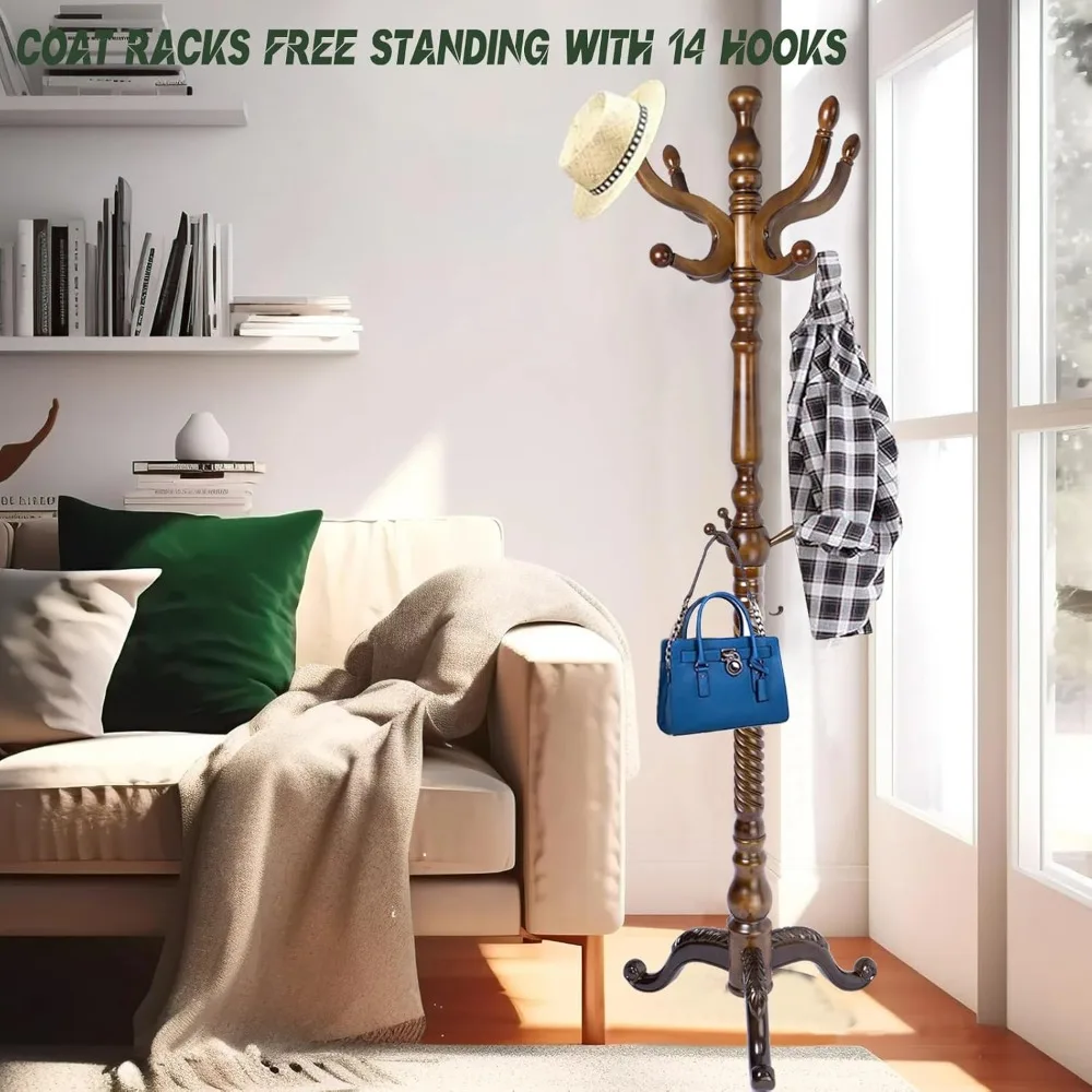 رف معطف خشبي عالي التحمل قائم بذاته مع 14 خطافًا وارتفاع قابل للتعديل، وقاعدة مستديرة صلبة لتخزين المدخل #2