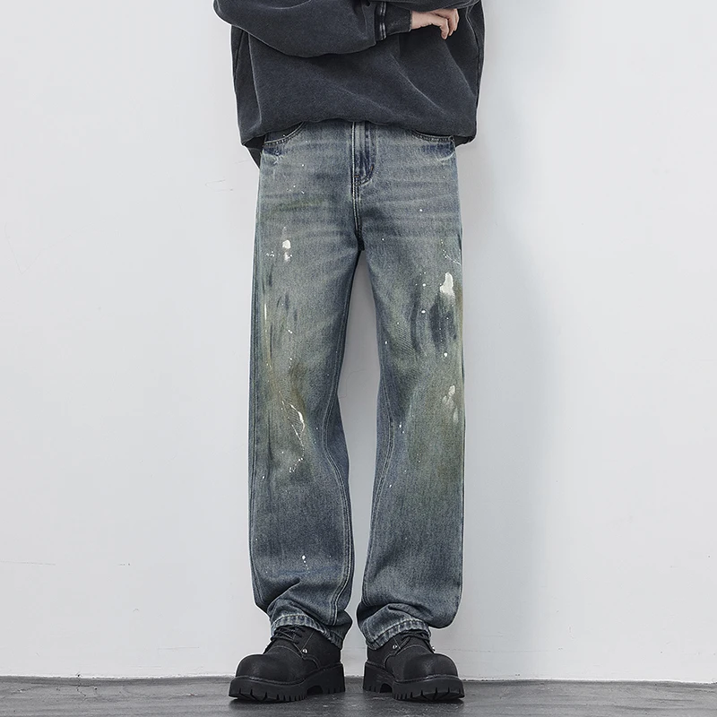 Men High Street Paint Dirty Denim Vintage Fashion Loose Casual Wide Leg Baggy Jeans Pants Cityboy Streetwear Y2k Trousers Man