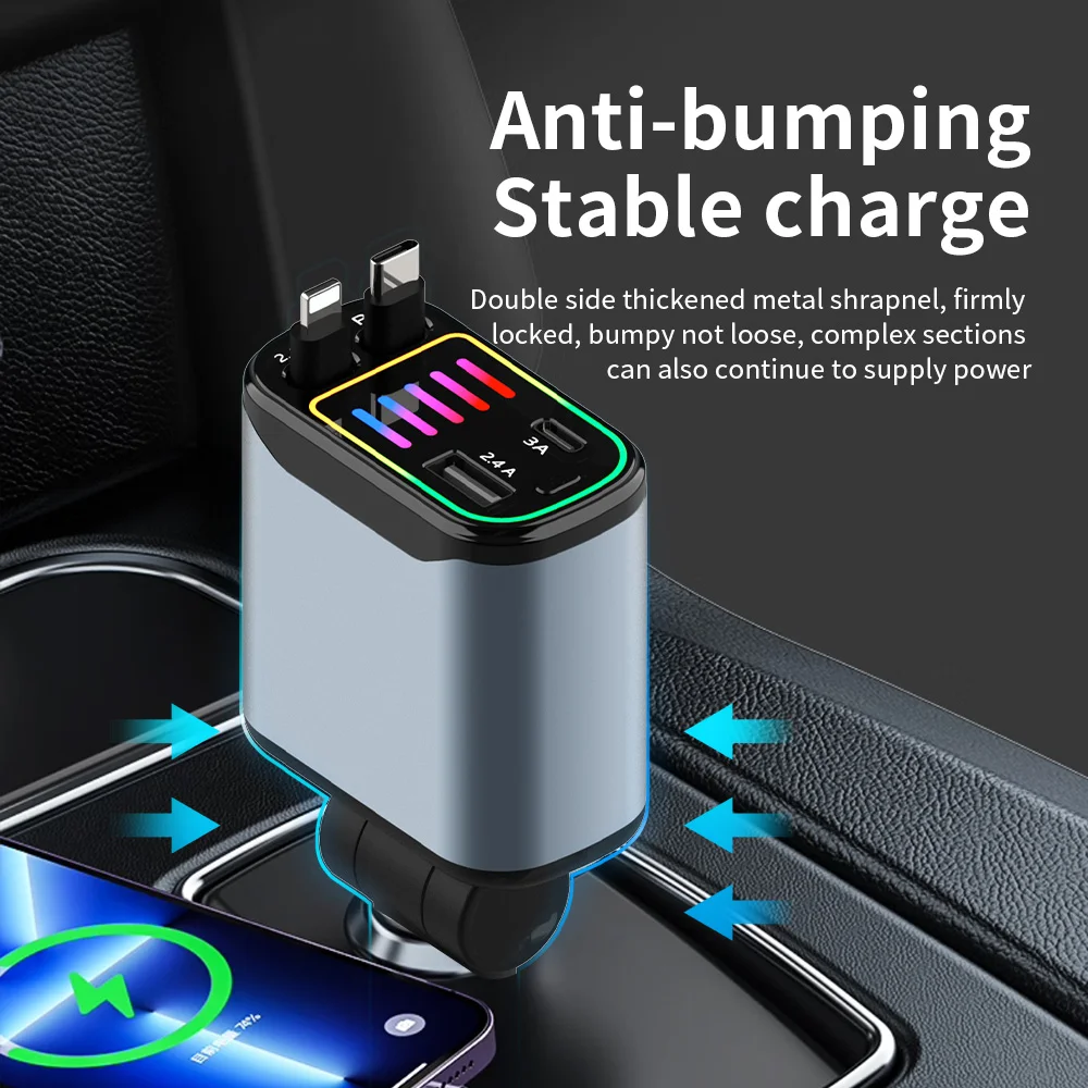

NEW 66W Scalable Car Charger 4 in 1 Fast Charging Car Phone Charger with Retractable Cable & 2-Ports Cigarette Lighter Adapter