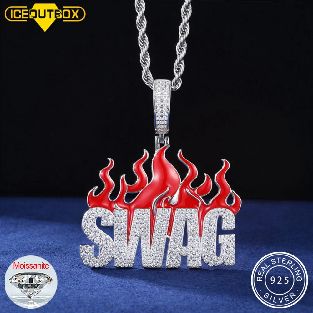 Hip Hop Fire SWAG Pendant 925 Strerling Silver With Moissanite Pendant Necklace For Men Rock Party Birthday Jewelry Bling Gifts