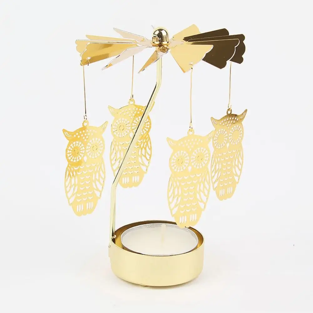 Metal Metal Rotating Tea Light Holder Gold Silver Angel Carousel Pattern Christmas Rotating Candle Holder Hollow