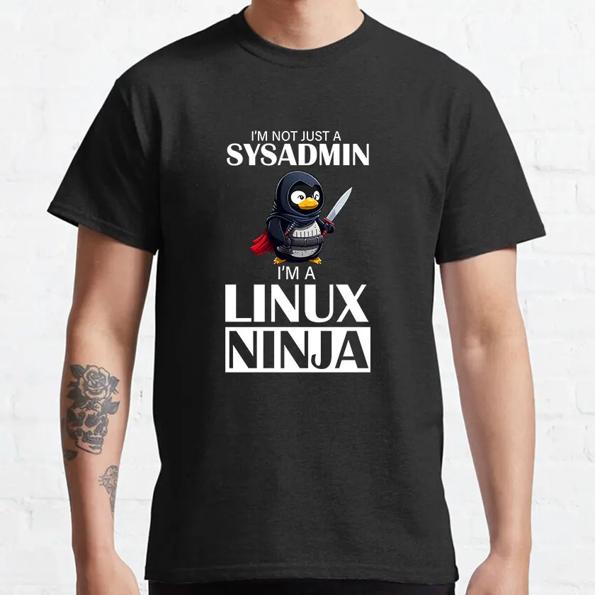 Linux Ninja Eu não sou um SysAdmin Tux Ninja Wizzard Linux Pinguim Camiseta engraçada 100% algodão estampado plus size camisetas gráficas masculinas