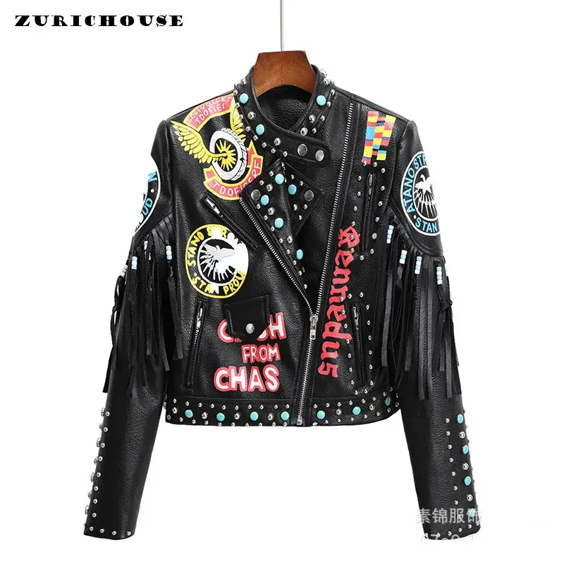 Rock Punk Studded Beaded Fringed Leather Jacket Women 2024 New Streetwear Slim-fit Zipper Faux Leather Cropped Motorcycle Jacket