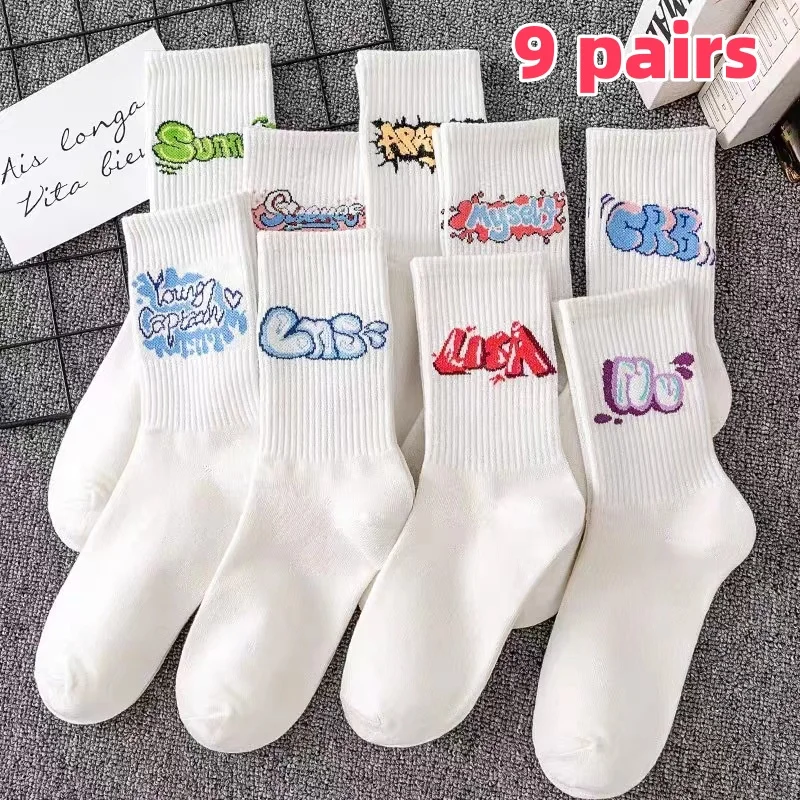

9 Pairs/Set Unisex Socks Letters Printed Simple Mid Tube Socks Suit In Every Seasons For Daily Sports