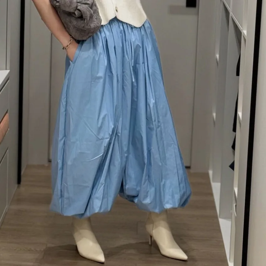 Loose Casual Pleated Bloomers Women Trousers Blue High Waist Cuffed Pants Female Summer New Elegant Vacation Streetwear
