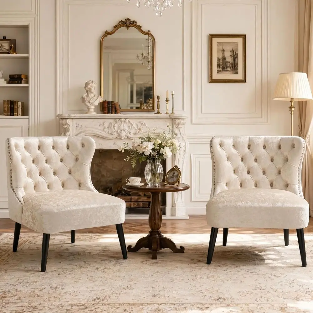 

Pair of Upholstered Velvet Wingback Chairs for Living Room, Bedroom, or Waiting Area, Beige