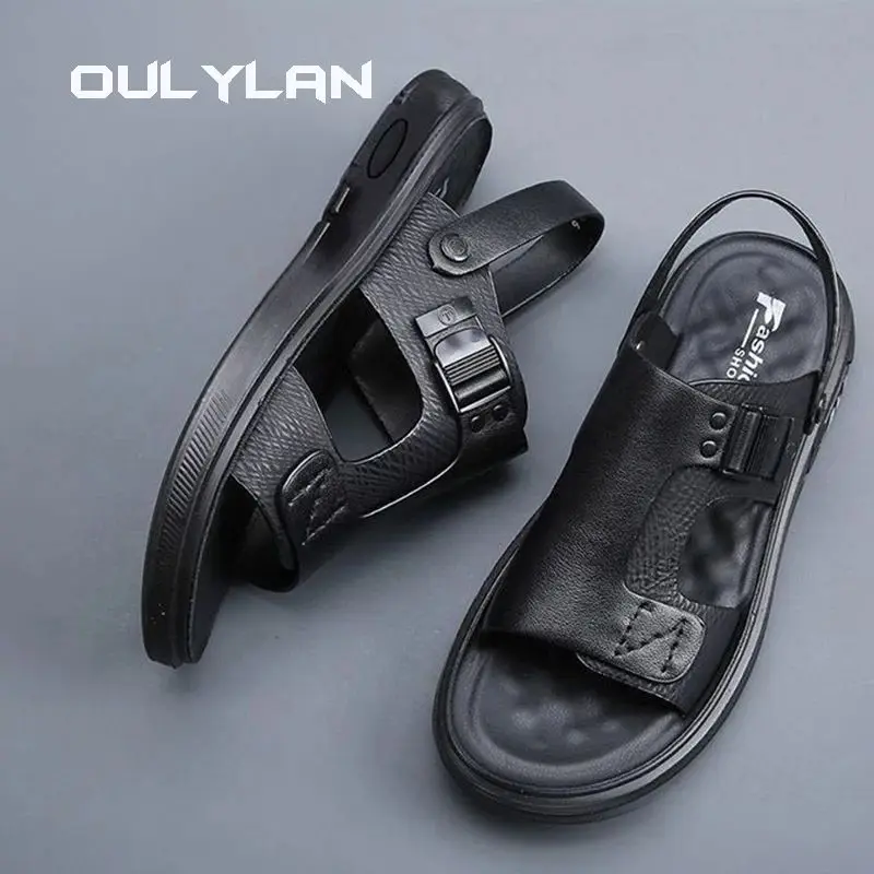 Oulylan Summer Men's Genuine Leather Sandals Fashion Casual Non slip Large Hollow Breathable Sandals Male Beach Shoes