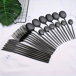 24Pcs Black Knife Fork Spoon Tableware Set Stainless Steel Cutlery Set Machine Washable For Restaurant Home Party