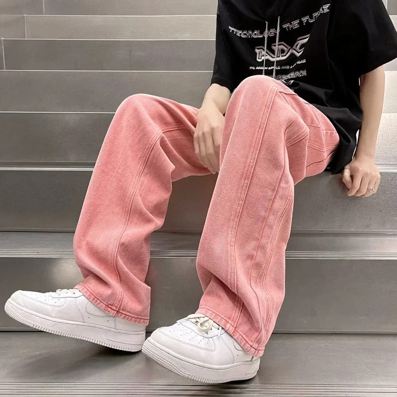 

Pink Flared Straight Leg Men's Jeans High Street Vibe Autumn Winter Hong Kong Sle INS Trendy Vintage Long Pants