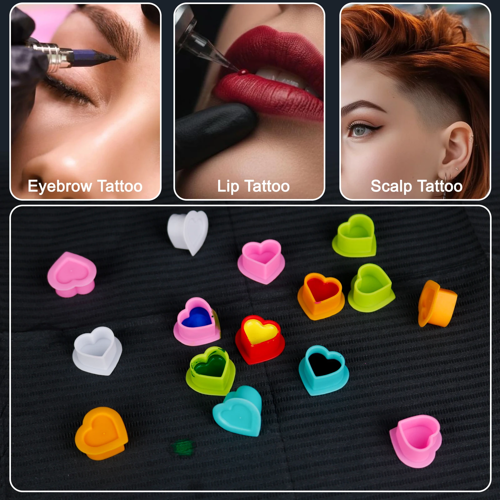 Cute Heart Tattoo Pigment Cups Smooth Burr-Free Silicone Ink Holders Non-Slip Base Disposable Reusable For Tattoo Eyebrow Lip