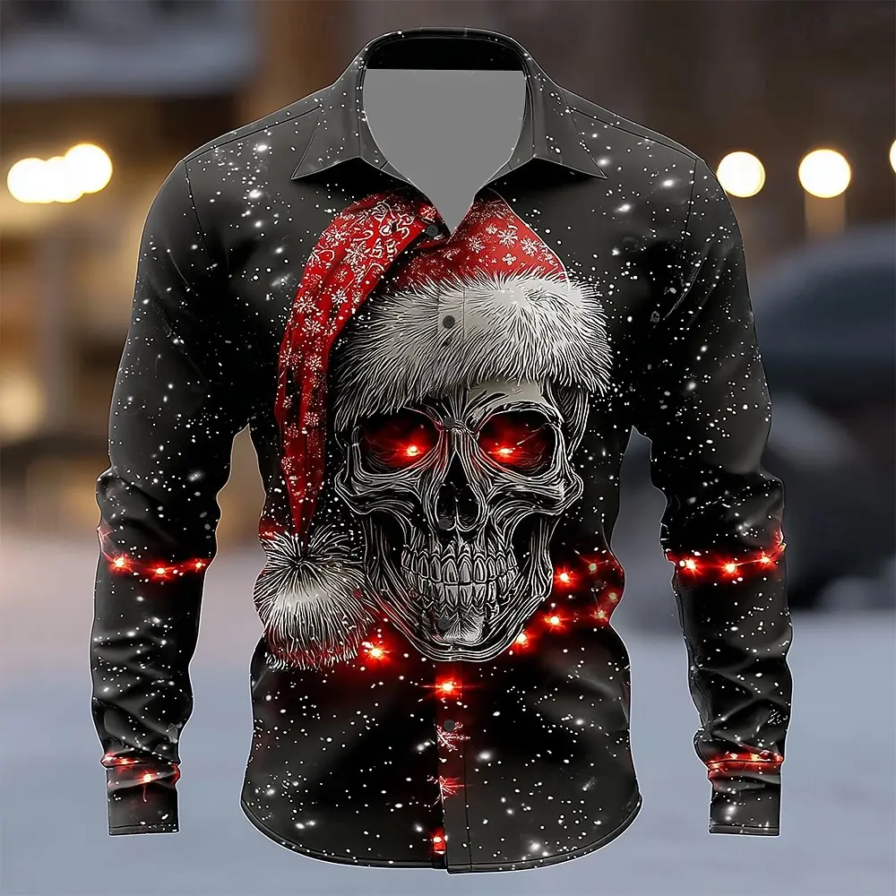 Funny Christmas Skull 3D Print Men's Long-sleeved shirt Autumn Casual Loose Lapel Top Fashion New Year Gift Shirts X'mas Clothes