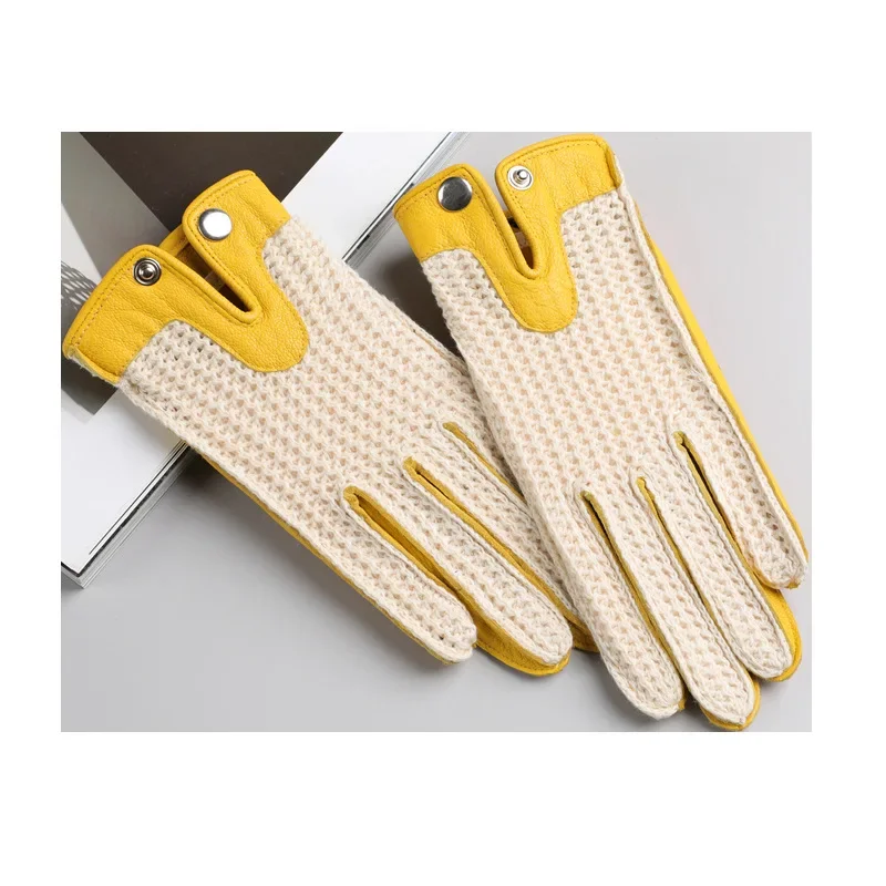 Retro Motorcycle Gloves for Men and Women Sheepskin Locomotive Drivers Driving Knitted Mesh Touch Screen Leather Breathab