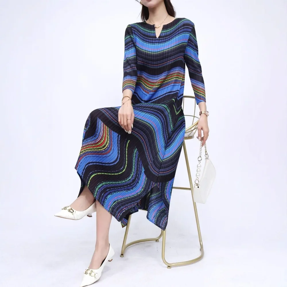 

Miyake Women's Pleated Printed Dress 2025 New Office Commuter Peplum Long Loose Large Size High Stretch Women's Dresses