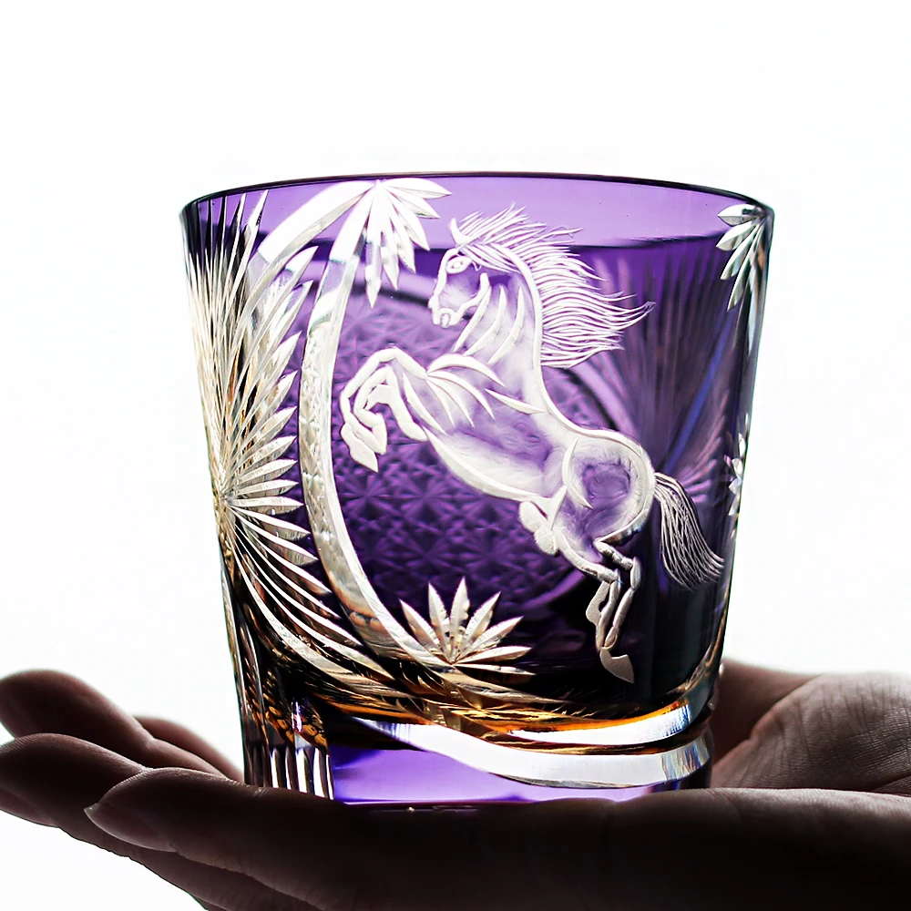 Horse Edo Kiriko 320ml Hand Cut Whiskey Glass Tumbler - Japanese Artisanal Glassware for Spirits And Beverages