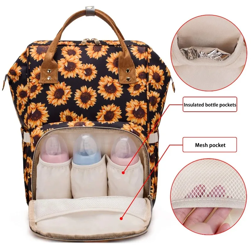 Sunflower Diaper Bag Backpack, Womens Large Waterproof Maternity Baby Nappy Bags for Boys & Girls with Insulated Pockets