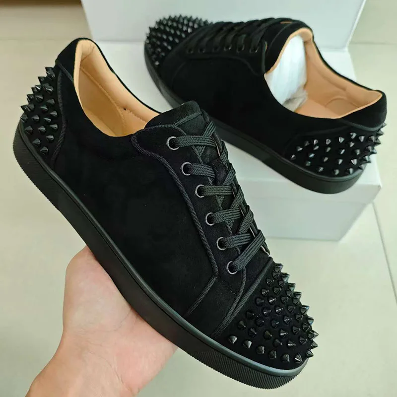 men luxury fashion stage nightclub rivets shoes lace-up cow suede leather studded shoe black designer spikes sneakers footwear