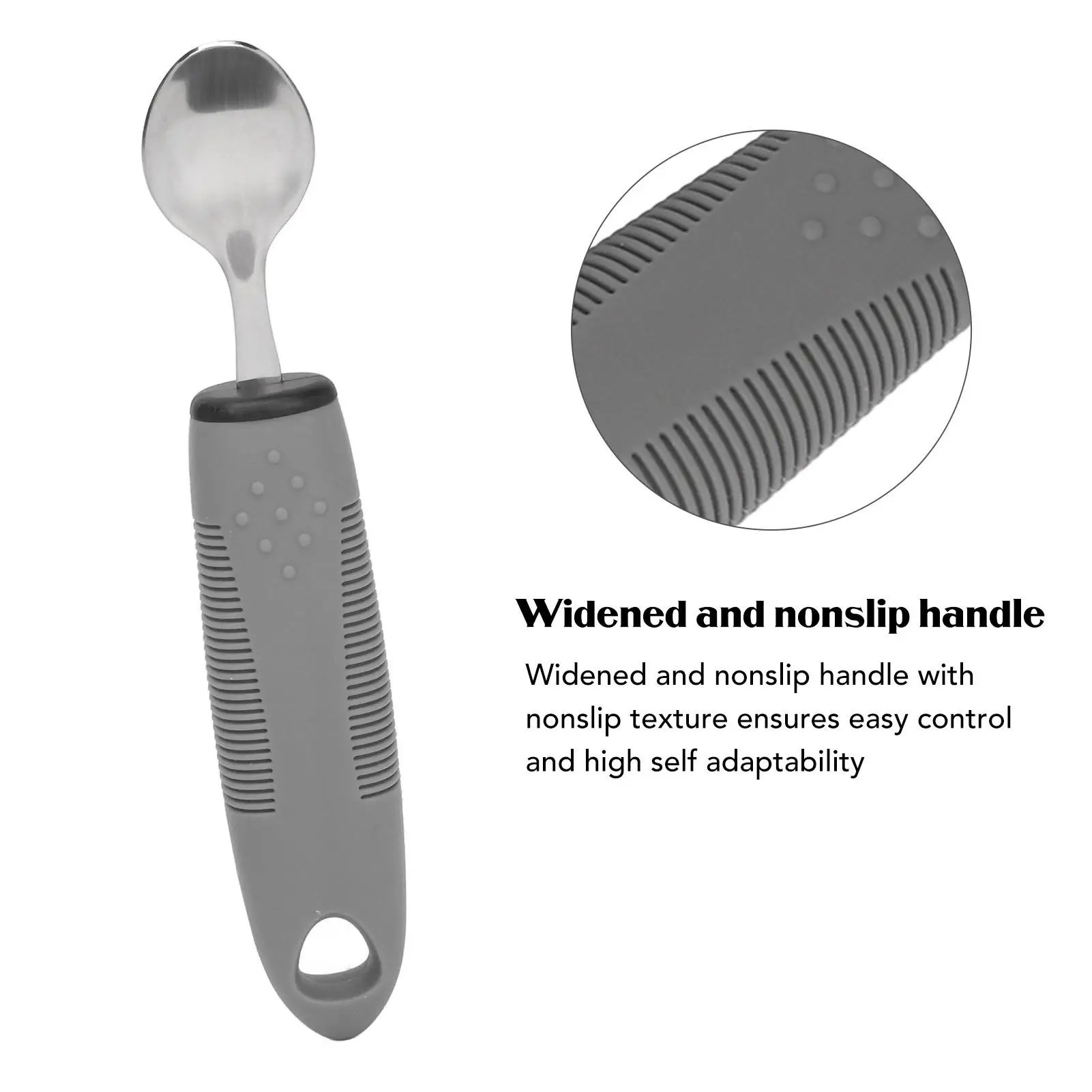 أواني مرجحة متكيفة مقبض مطاطي غير قابل للانزلاق لكبار السن مع ملعقة شوكة سكين من الفولاذ المقاوم للصدأ باللون الرمادي