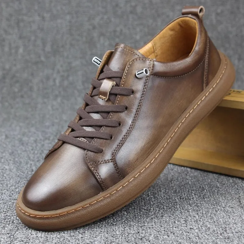 

Spring Vintage Cow Leather Man Flats Sneaker Shoes Thick Sole Low Top Pulling Lace - Up Casual Shoes Male Leisure Shoes