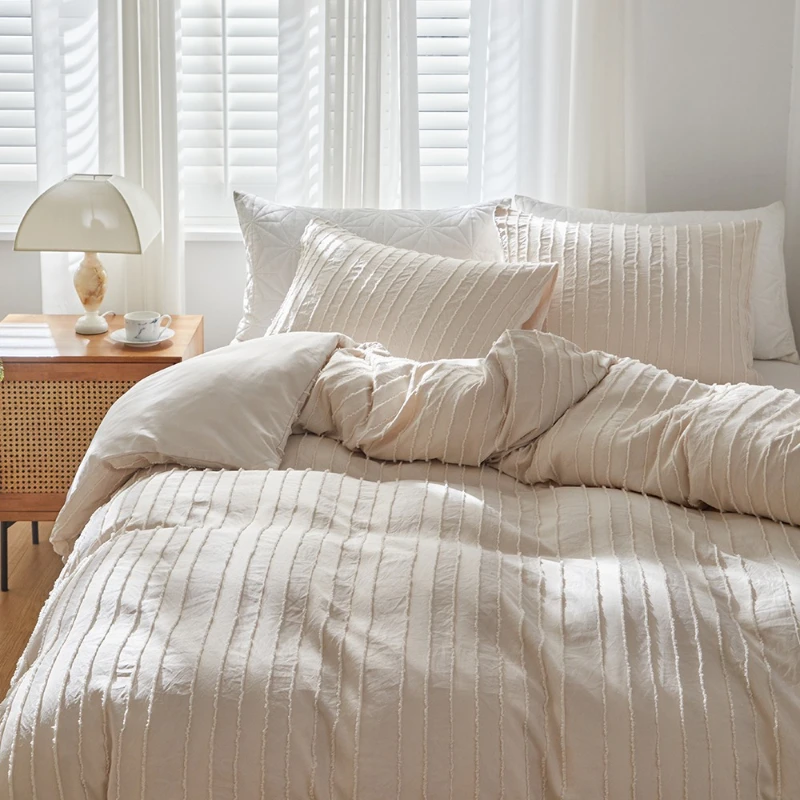 2/3 Pieces Bohemian Style Solid Color Bedding Set Ultra Soft Skin-Friendly Bed Linen Classic Plain Design for Bedroom Home Beds