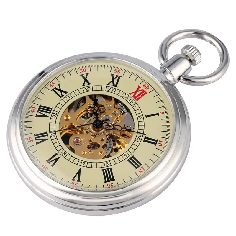Vintage Automatic Self Winding Mechanical Pocket Watch Open Face Roman Numerals Luminous Hands Skeleton Clock FOB Chain Gift