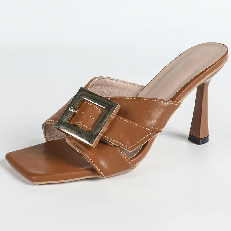 

Metal Belt Buckle Fashion Thin Heels Slippers for Women New Summer Fashion Slides Concise Elegant Sandals Party Shoes Female