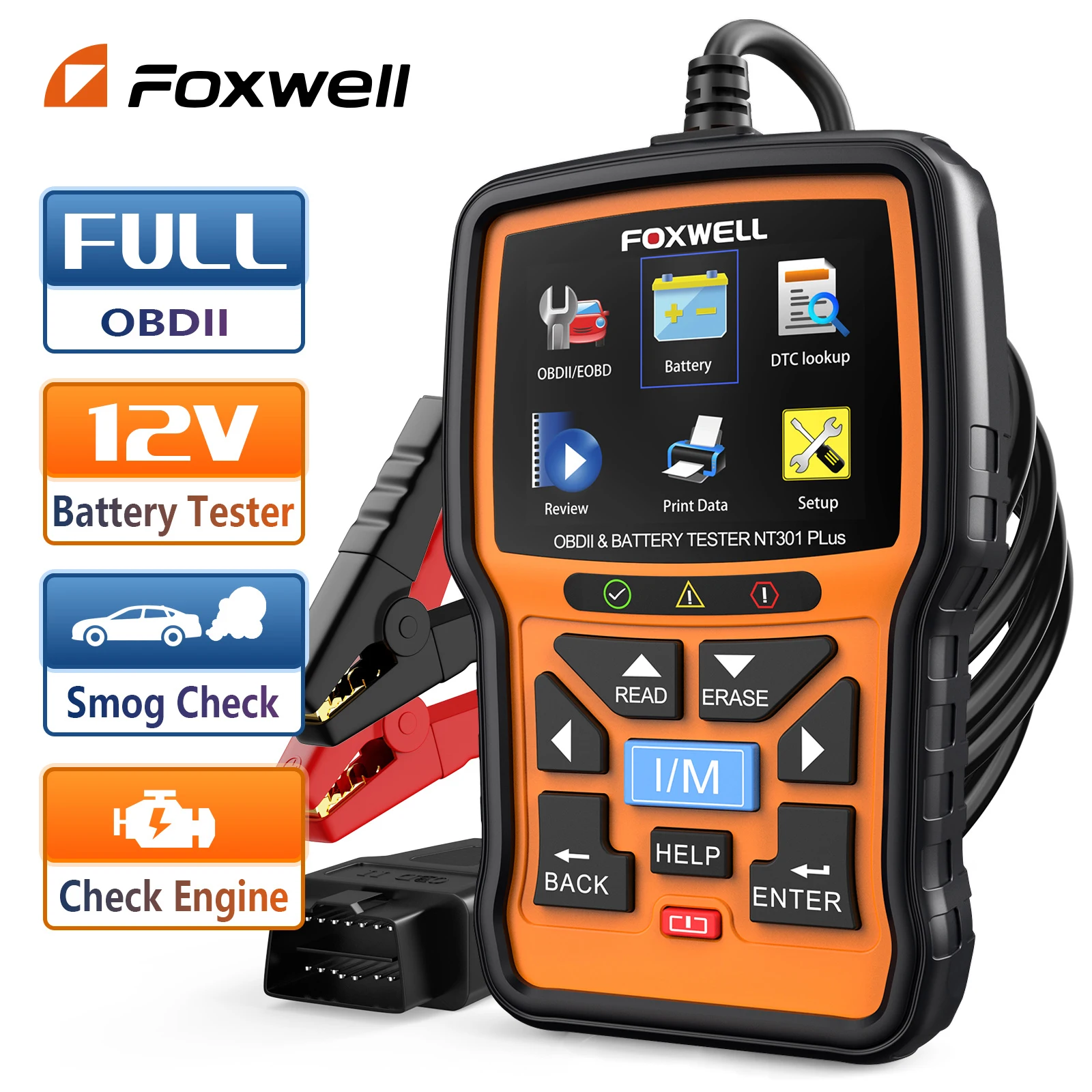 FOXWELL NT301 PLUS OBD2 Scanner 12V Battery Tester Cranking Test Engine Check Fault Code Reader OBD2 Automotive Scanner