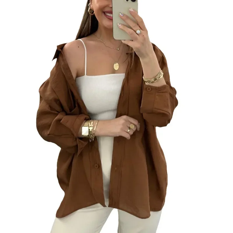 Shirt 2024 Autumn Full Sleeve Tops Women Solid Color Shirts Office Lady Turn Down Collar Single Breasted Pocket Overshirt Blouse