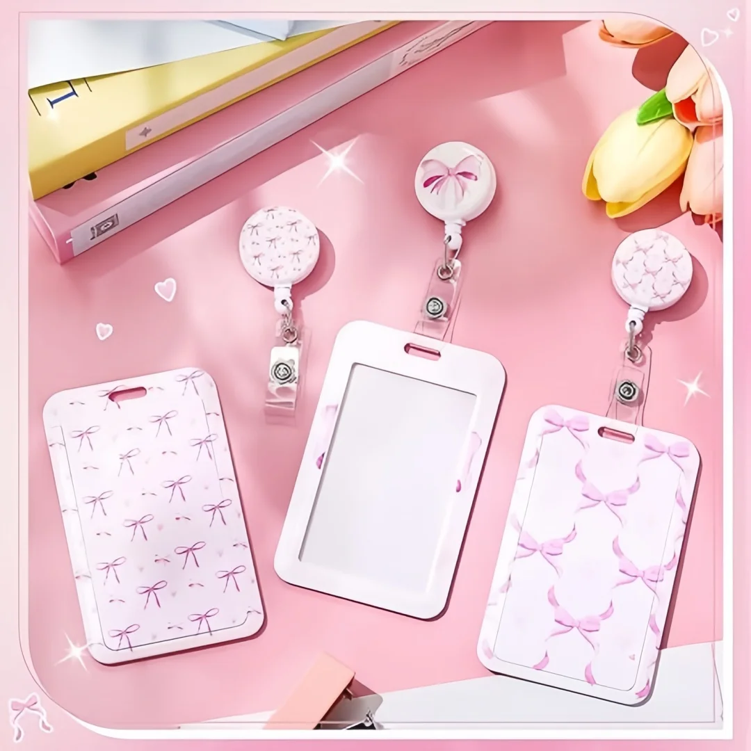 Pink Bow Card Holder Id Badge Holder Business Work Card Cover Case With Retractable Badge Reel Credit Id Card Badge Bag