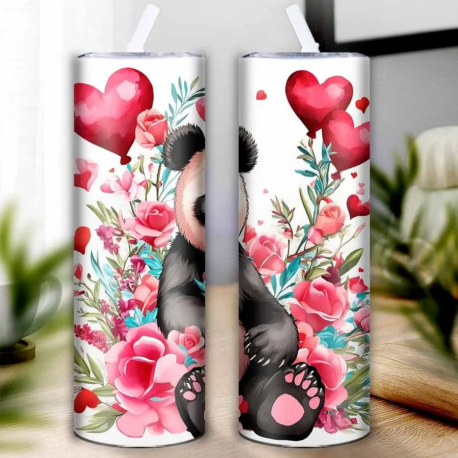 20oz Stainless Steel Insulated Tumblers 3D Print Love Heart Flowers & Panda Festive Party Coffee Cup Outdoor Travel Gift for Her