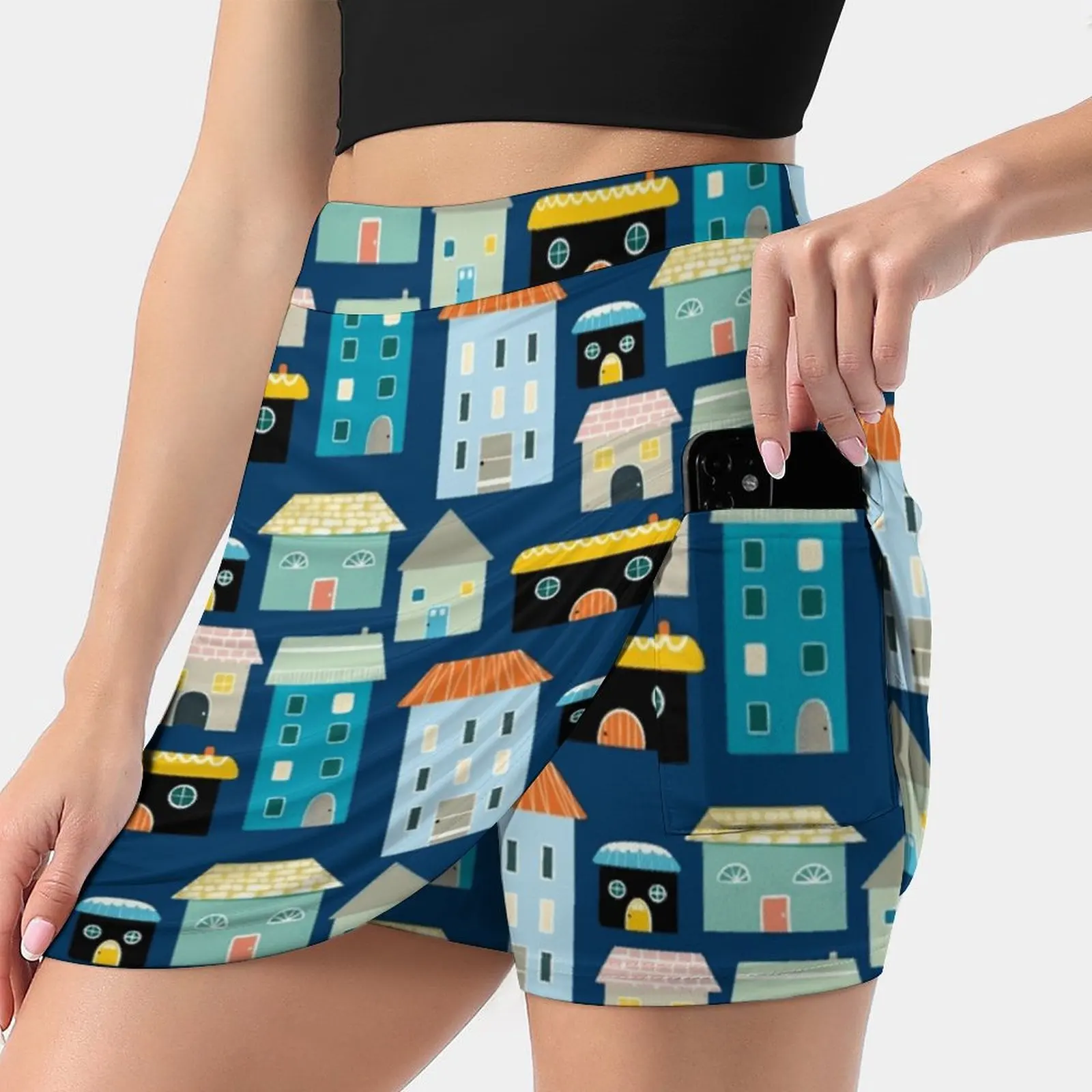 Cute Blue And Yellow House And Home Illustrations Summer Women'Sshorts Skirt 2 In 1 Fitness Yoga Skirt Tennis Skirts Blue