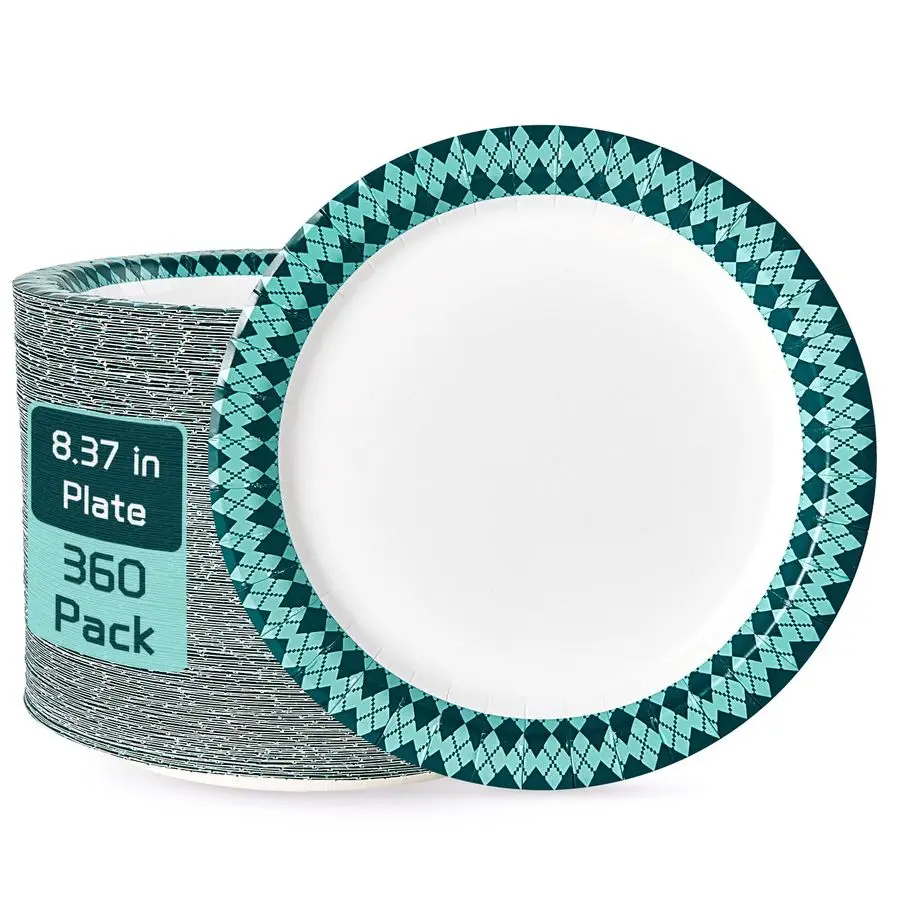 

Одноразовые бумажные тарелки, 360 штук, 8,37 дюйма, устойчивые к влаге и порезам, для повседневного использования, с дизайном края в виде ромбовидного узора.