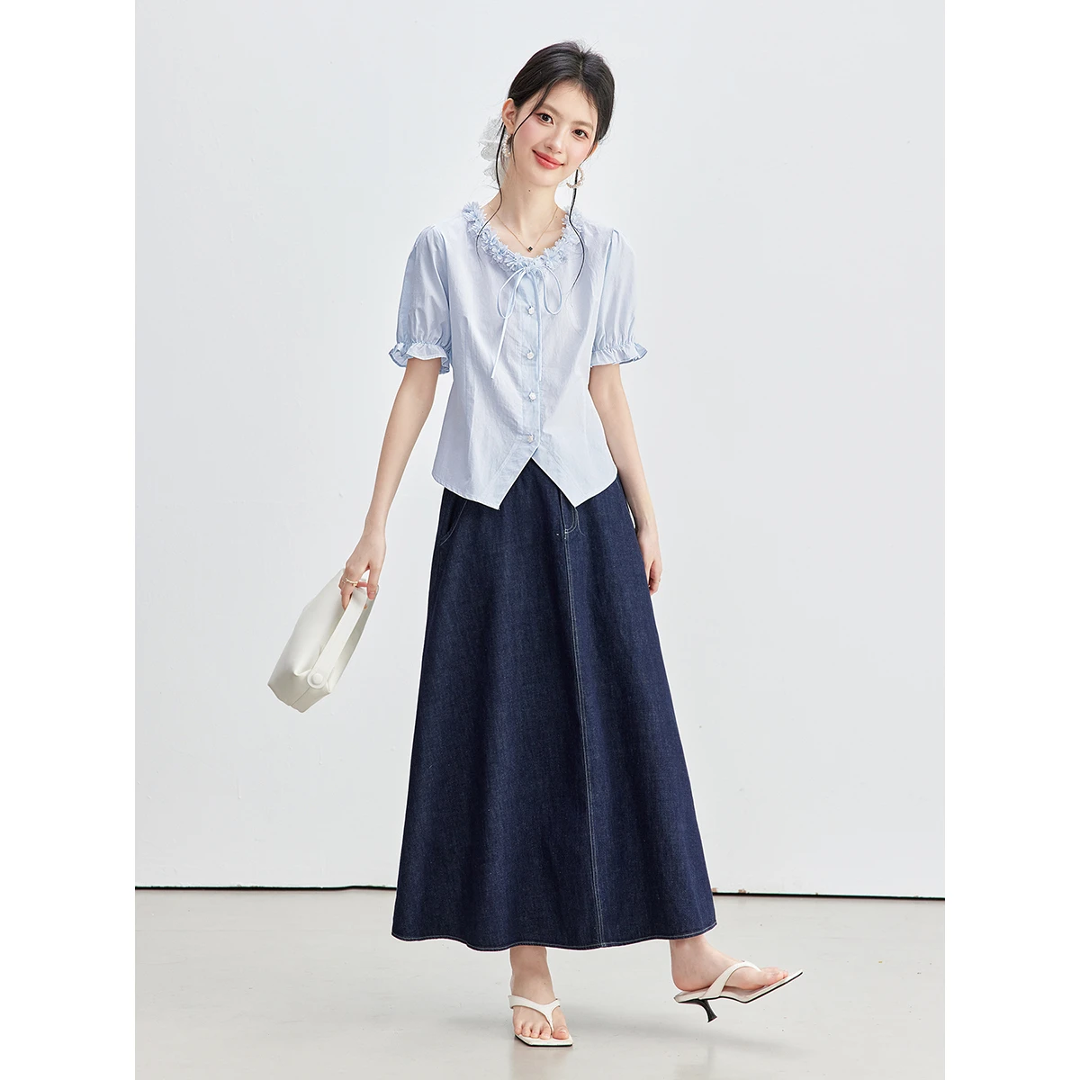 VIMLY Elegant Blue Lace Trim Tie Neck Cotton Shirt Women 2026 Summer New Rose Button Casual Puff Short Sleeve Blouse 31209 view 6