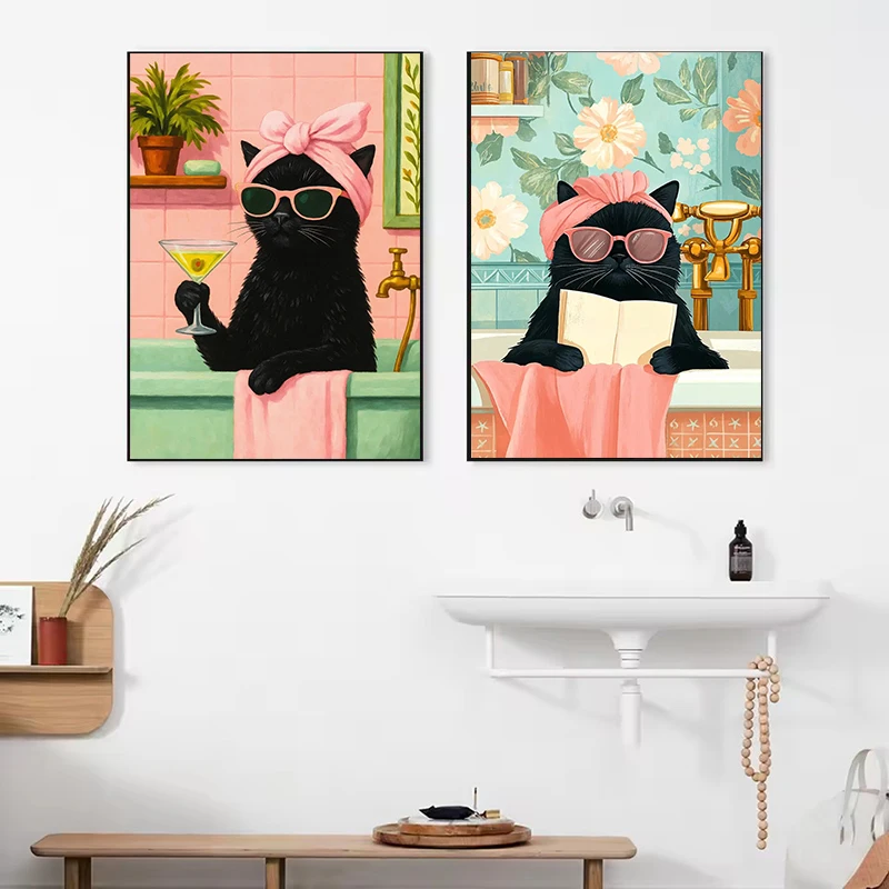 Cat with Martini in Bathtub Poster Black Cat Reading on Toilet Dog Spa Canvas Painting Print Wall Art Picture Bathroom Decor