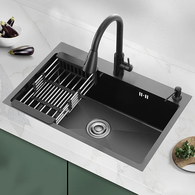 Modern Handmade Nano-Black Rectangular Single-Bowl Stainless Steel Kitchen Sink