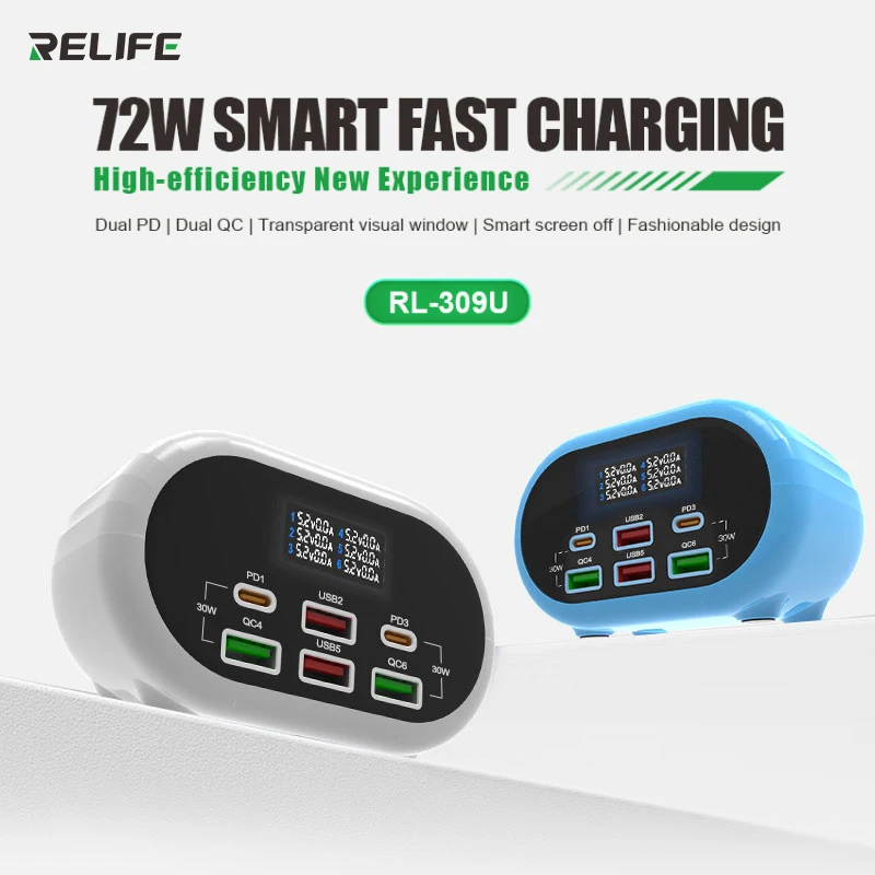 RELIFE RL-309U 6-port Charger Dual PD/Dual QC 72W Smart Fast Charging  for Various Mobile Phones and Electronic Devices