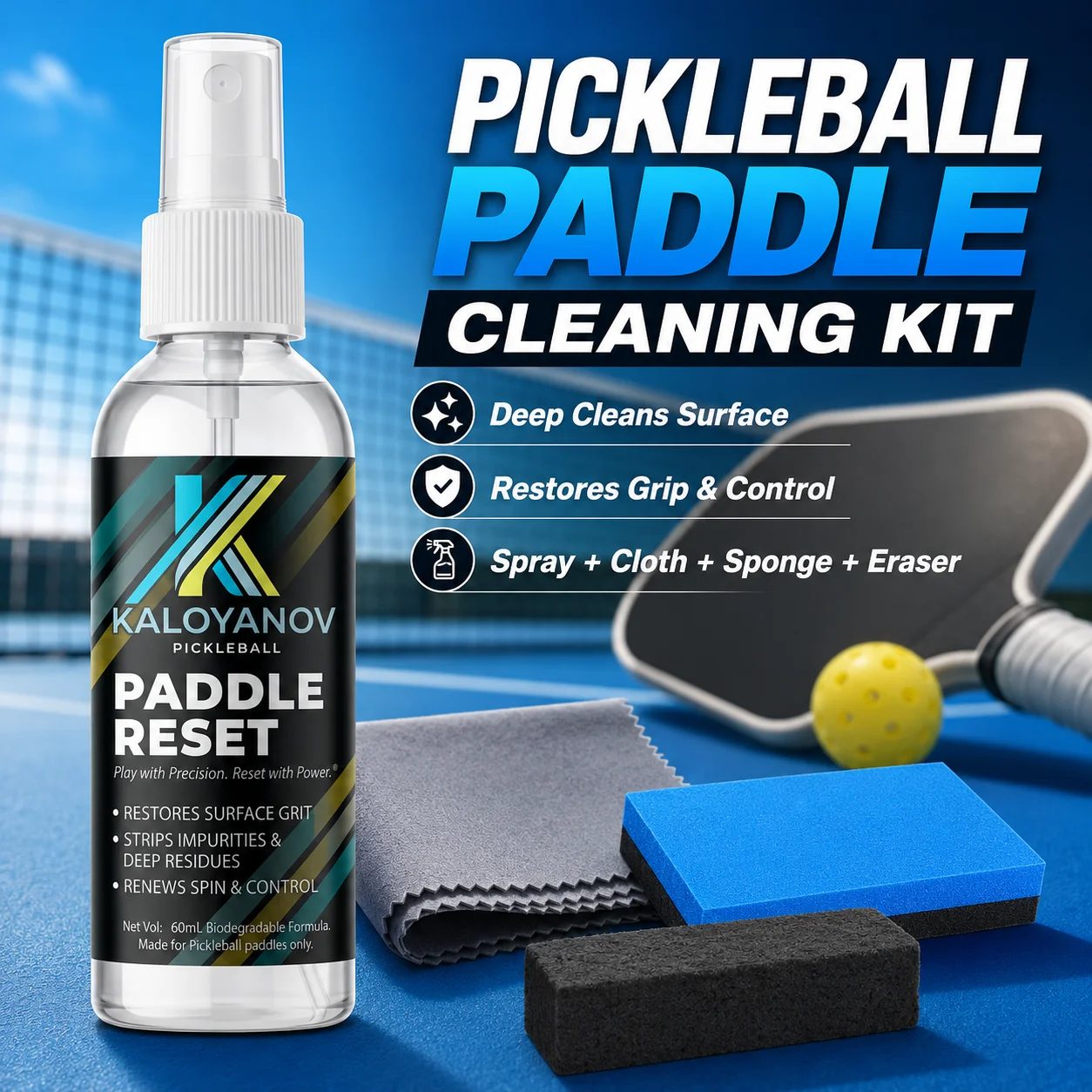 Kit de Limpieza de Palas de Pickleball 4 en 1: Borrador de Fibra de Carbono, Paño de Microfibra y Spray, Herramienta Profesional para Control de Giro de Raqueta